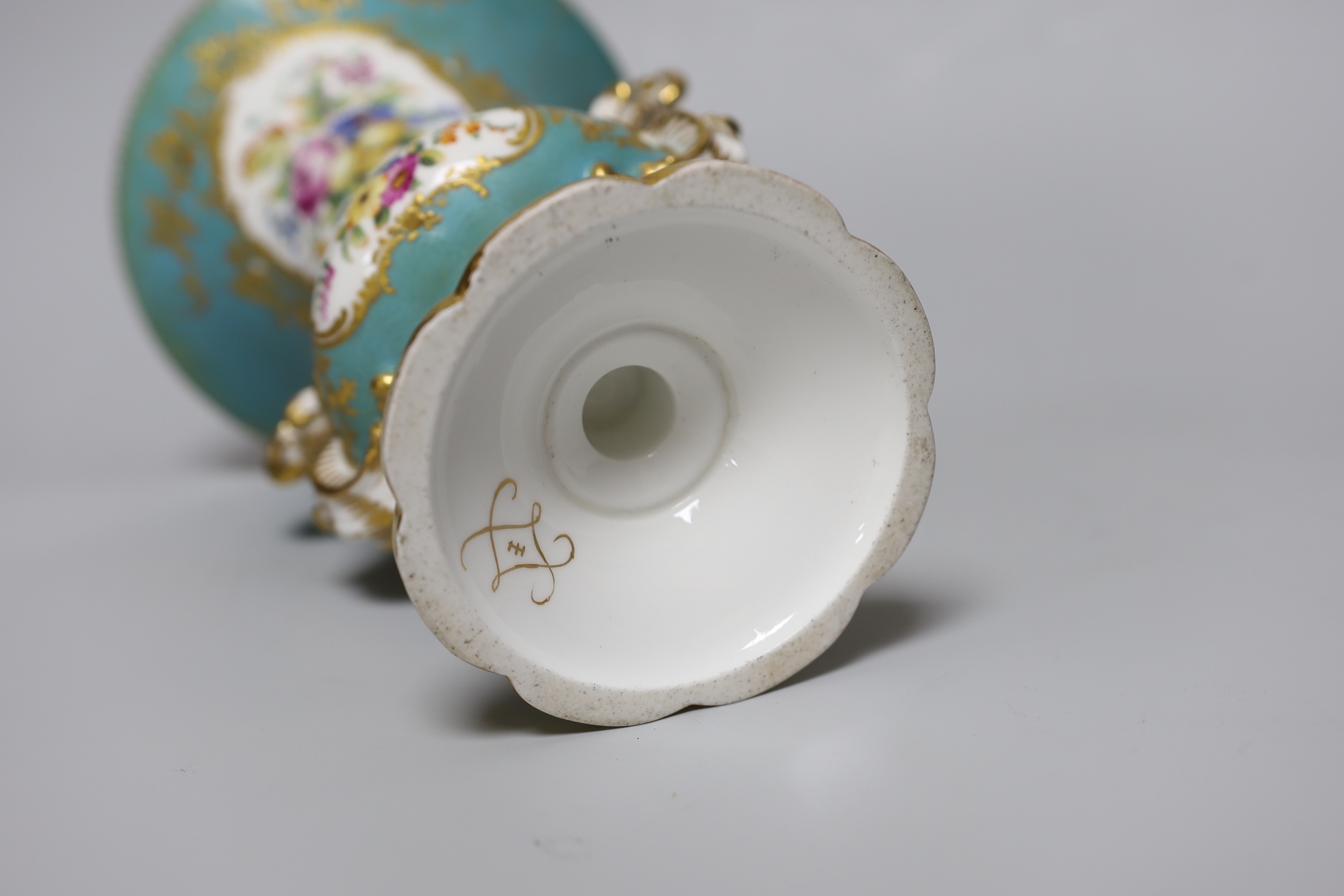 A fine Coalport two handled vase, painted with fruit and flowers by William Cook, c.1850. 22cm tall